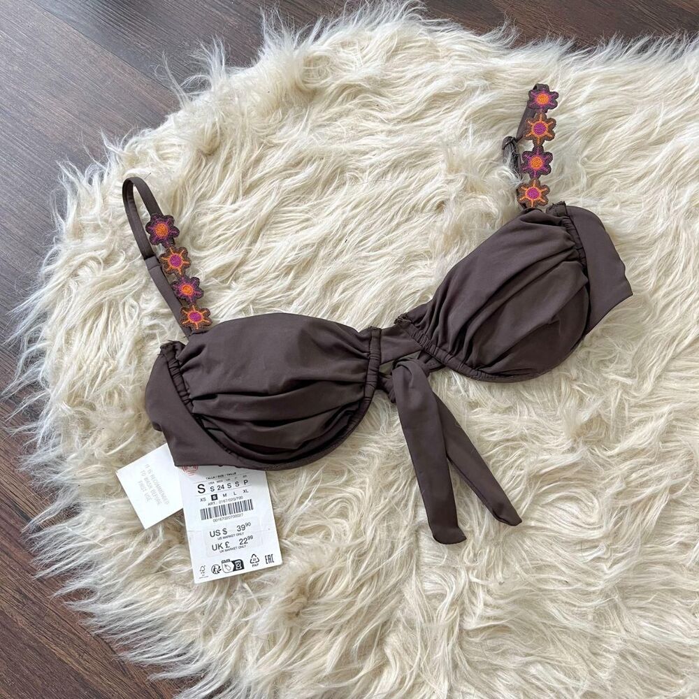 NWT Zara Brown Floral Straps Bohemian Bikini Top Size S